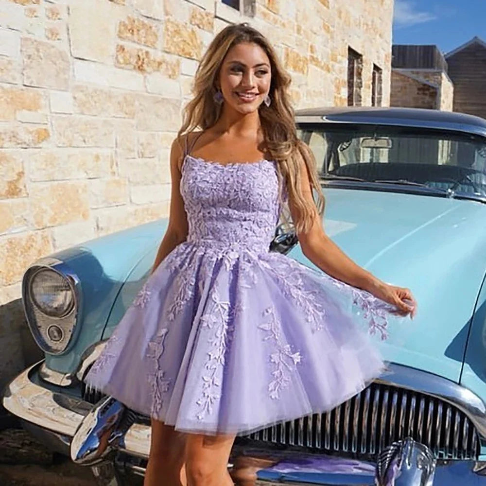 Bealegantom Lace Short Spaghetti Strap Homecoming Dresses A-line Tulle Applique image 3