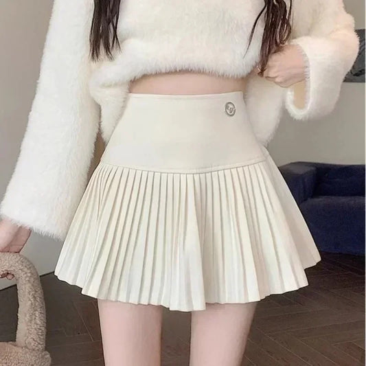 HOUZHOU Woolen Pleated Skirt Women Korean Cute Cute High Waist A-line Patchwork image 0
