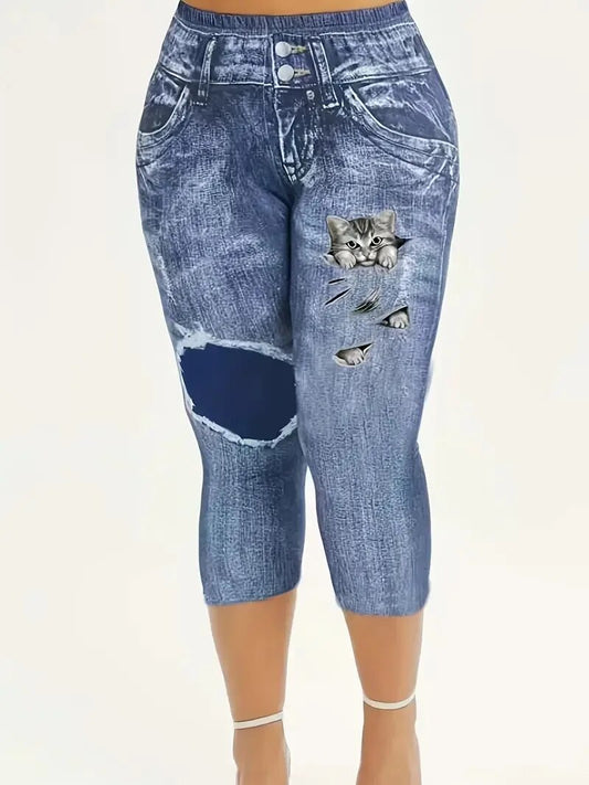 Women's Plus Size 1XL-8XL Tight Cropped Pants with Cat Print Imitation Denim Ca image 0