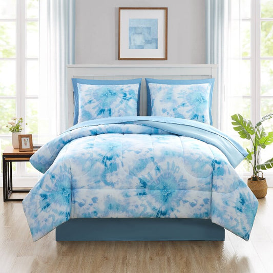 Mainstays Blue Tie Dye 8 Piece Bed in a Bag Comforter Set With Sheets, Full image 0