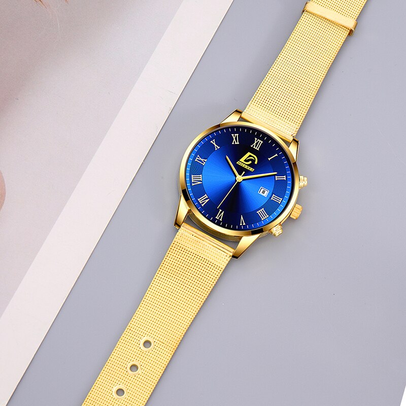 2PCS Set Fashion Mens Calendar Watches Luxury Men Business Gold Stainless Steel image 5