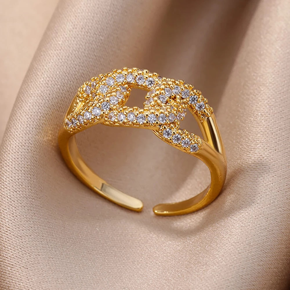 Fashion Gold Color Stainless Steel Rings For Women Chain Hollow Out Crystal Zir image 7