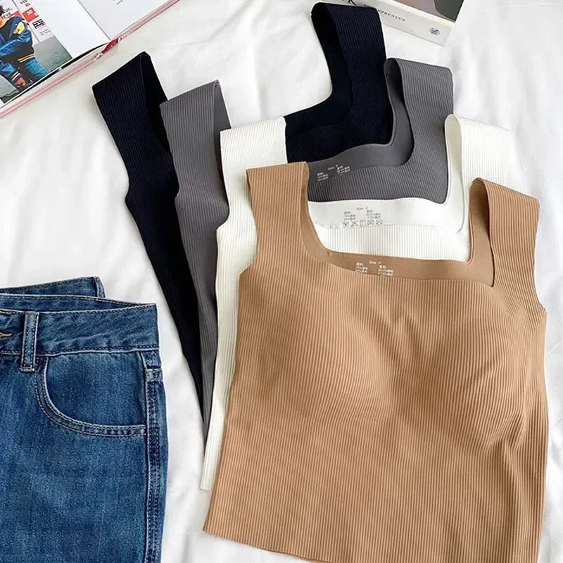 New Wide Shoulder Camisole Square Neck Beautiful Back Threaded Vest Women's Sea image 0