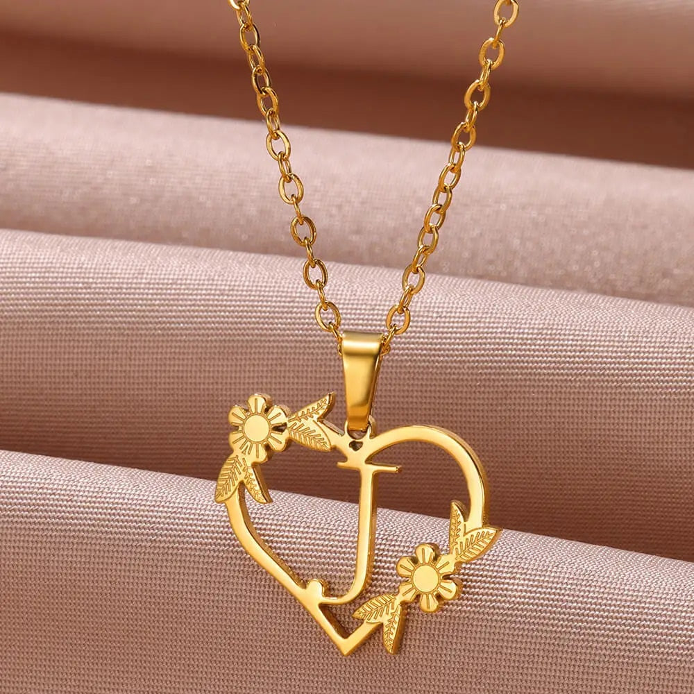 Gold Color Dainty Flower Initials Necklace Women Girl Stainless Steel Heart Let image 8