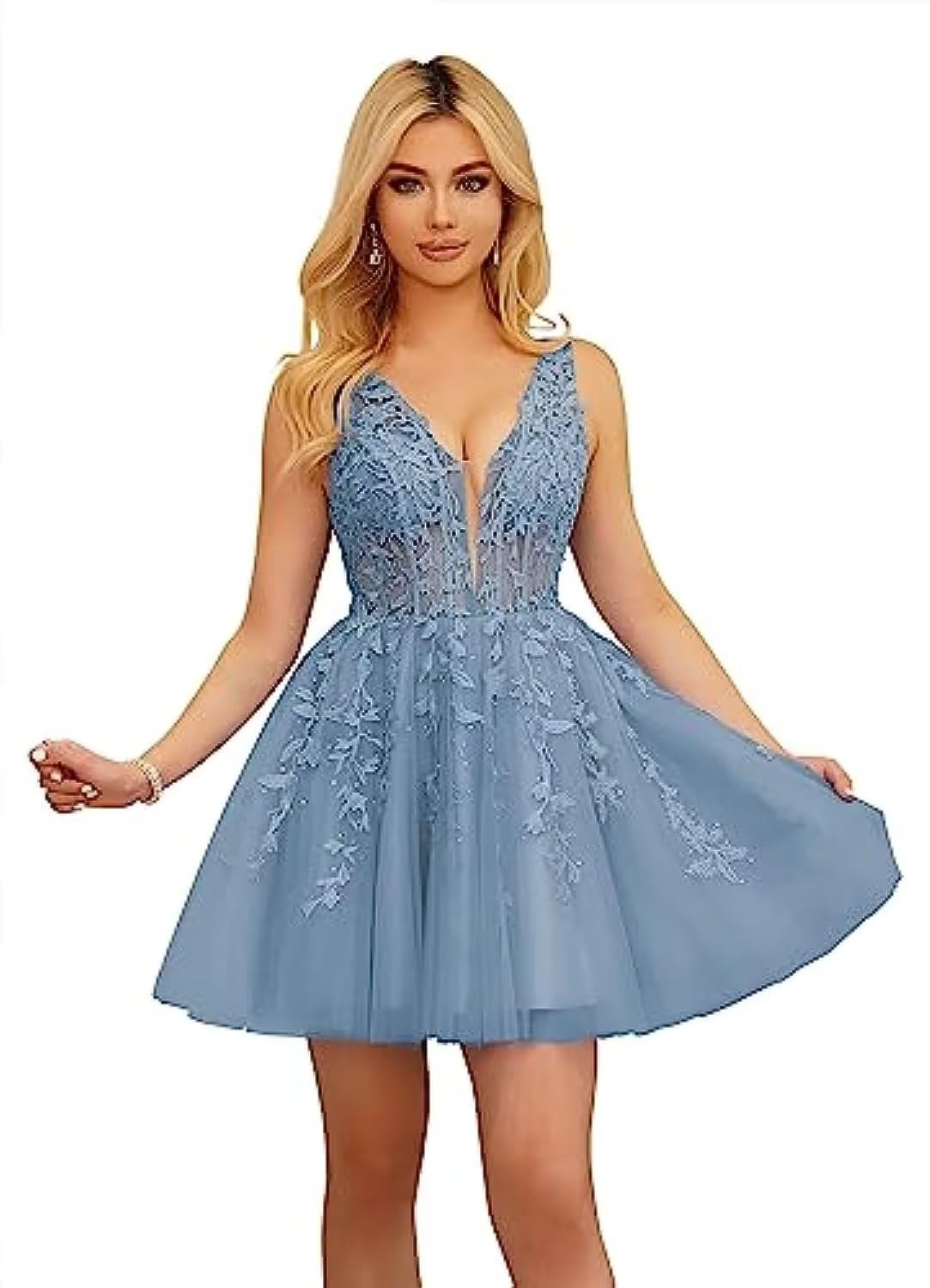 Beautiful V-Neck Sleeveless Cocktail Party Dresses Appliques Beading A-Line Sho image 5