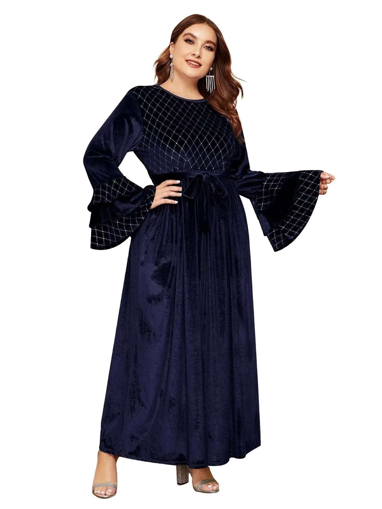 Plus Size Women's Velvet Clothing Winter Bronzing Flare Sleeve Gold Casual Dres image 1