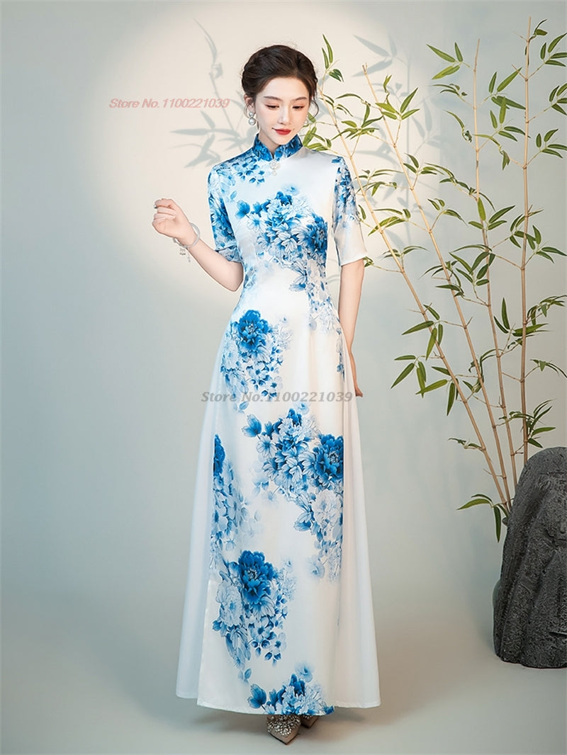 2024 aodai dress vietnam traditional dress improved qipao national flower print image 1