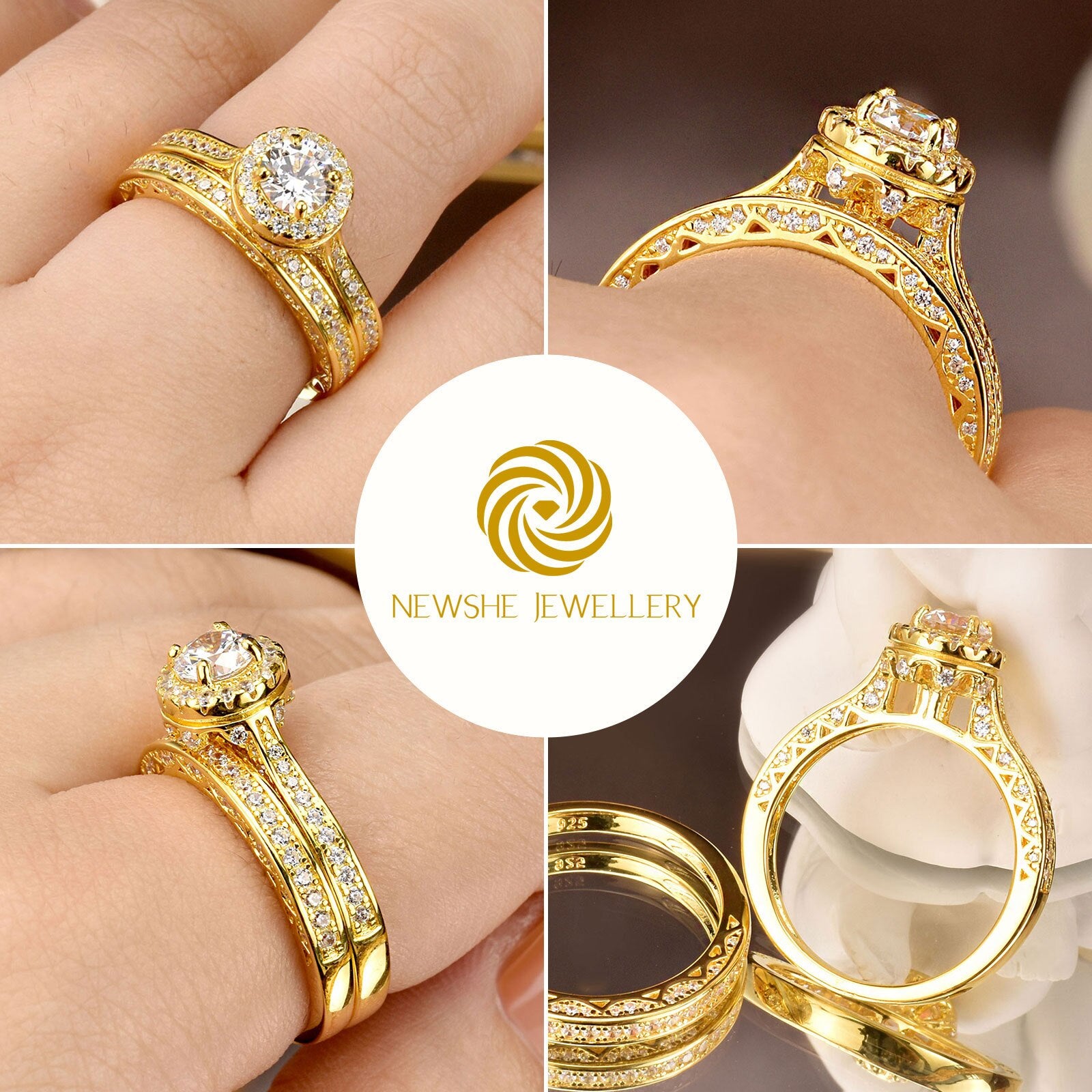 Newshe Multi Gold Bridal Sets Solid 925 Sterling Silver Halo Round AAAAA CZ image 3