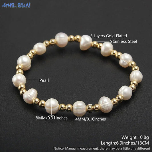 MHS.SUN Elegant Natural Pearl Gold Plated Stainless Steel Beaded Bracelet Handm image 0