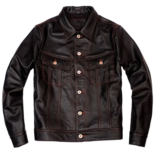 Free shipping.Popular vintage casual style genuine leather jacket.Cheap men sli image 0