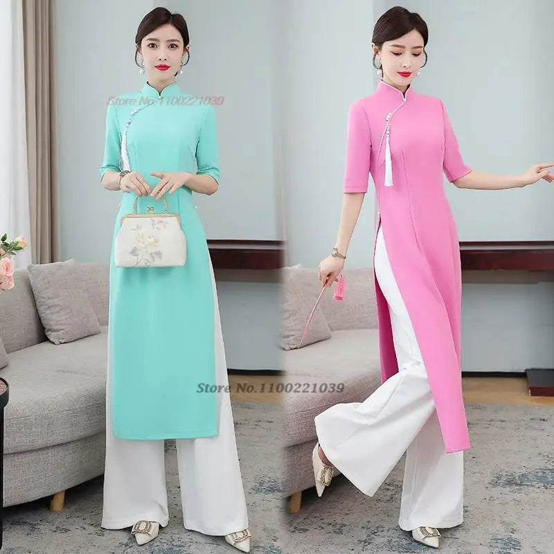 2024 vietnam traditional clothing aodai vietnam dress+pants set improved cheong image 4