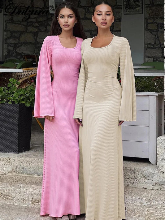 Dulzura Solid Ribbed Trumpet Sleeves Maxi Dress Back Lace-Up Straps Elegant Cas image 0