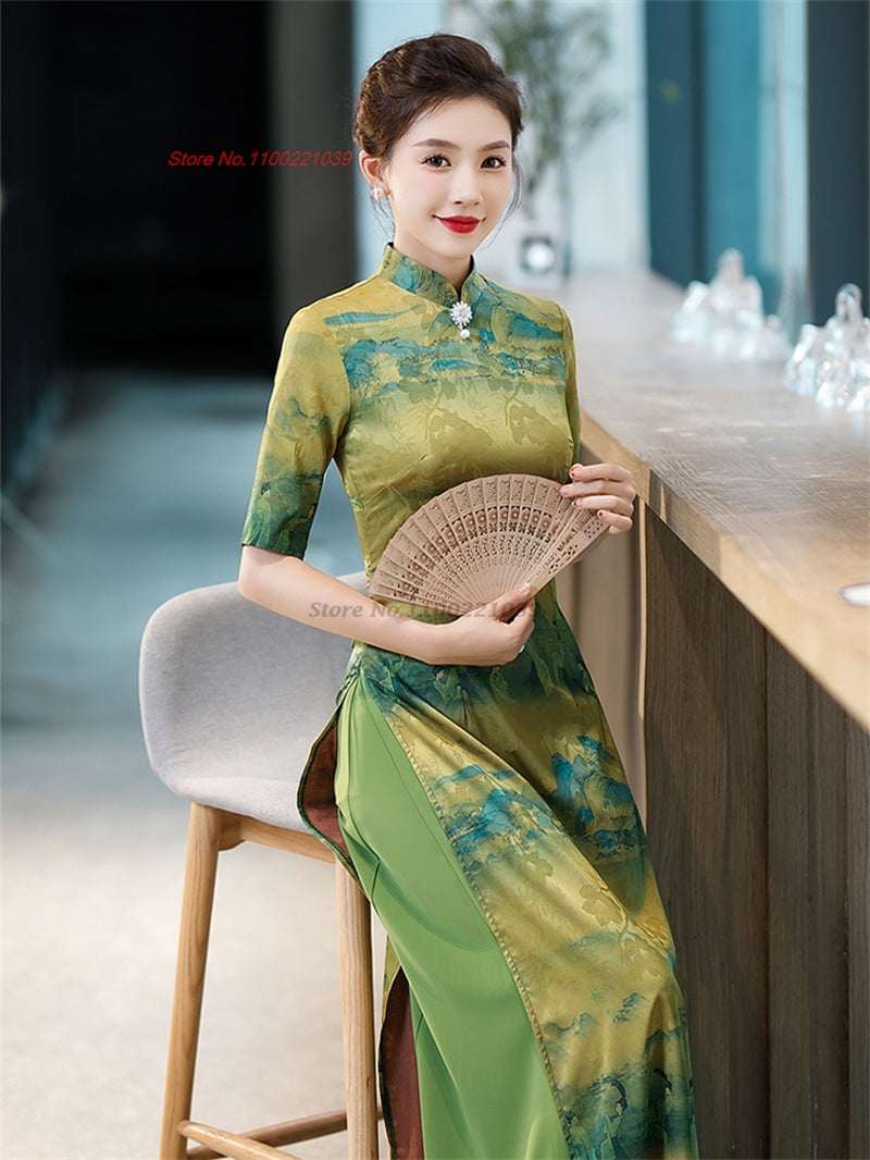 2024 traditional vietnam vintage dress aodai national flower print folk dress c image 4