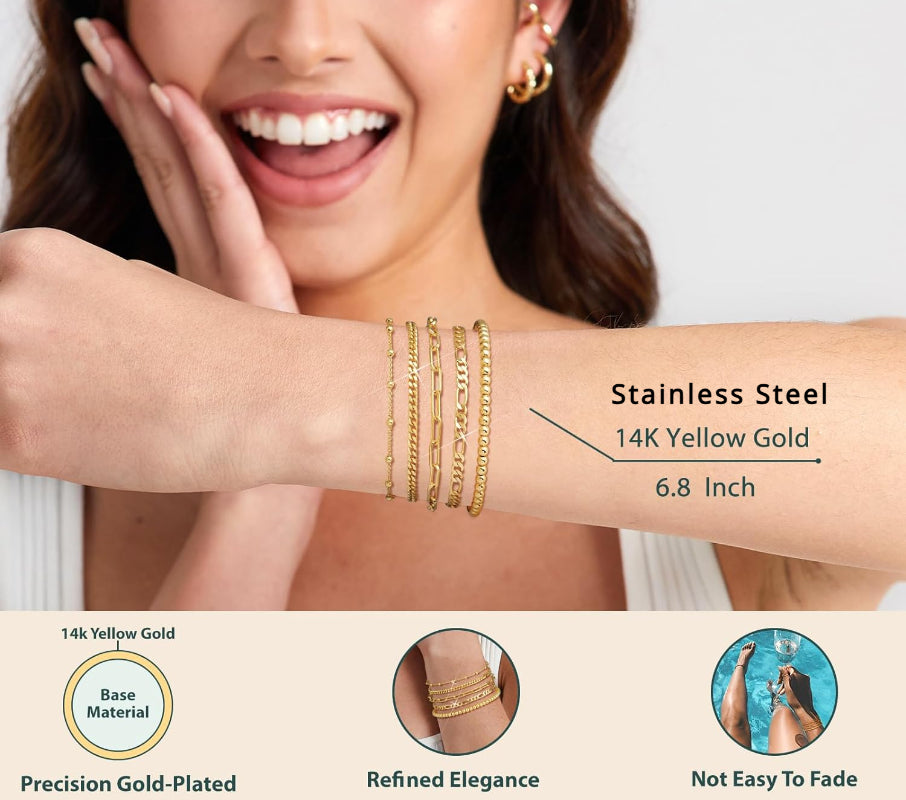 14K Gold Plated Stainless Steel Bracelet Set Waterproof Paperclip Chain Cuban L image 5