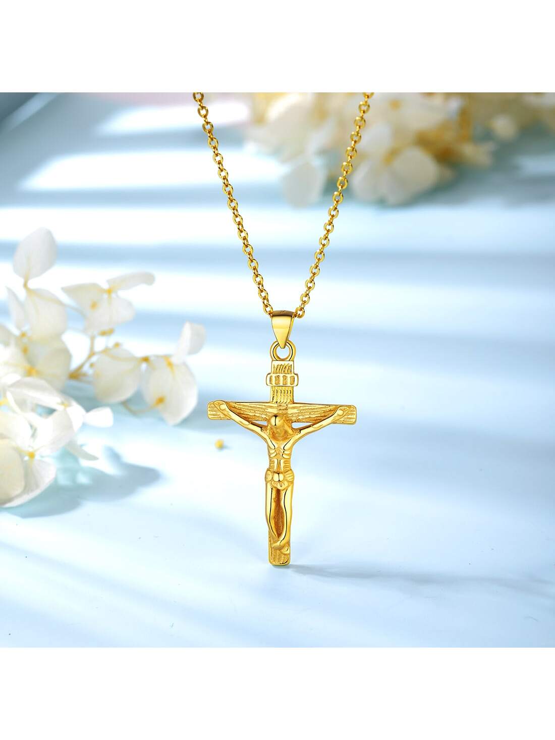 U7 Women Girls Jesus Necklace 925 Sterling Silver Gold Color INRI Cross Pendant image 0