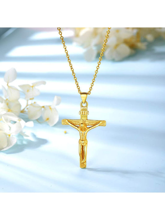 U7 Women Girls Jesus Necklace 925 Sterling Silver Gold Color INRI Cross Pendant image 0