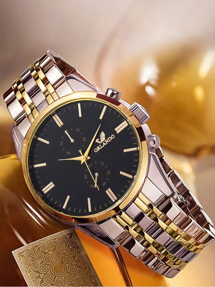 2PCs Fashion Business Big Dial Men's Room Gold Steel Band Quartz Wristwatch wit image 3