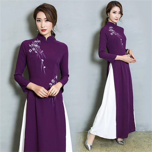 Spring Summer Vintage Chinese Traditional Chiffon Cheongsam Embroidery Flower W image 0