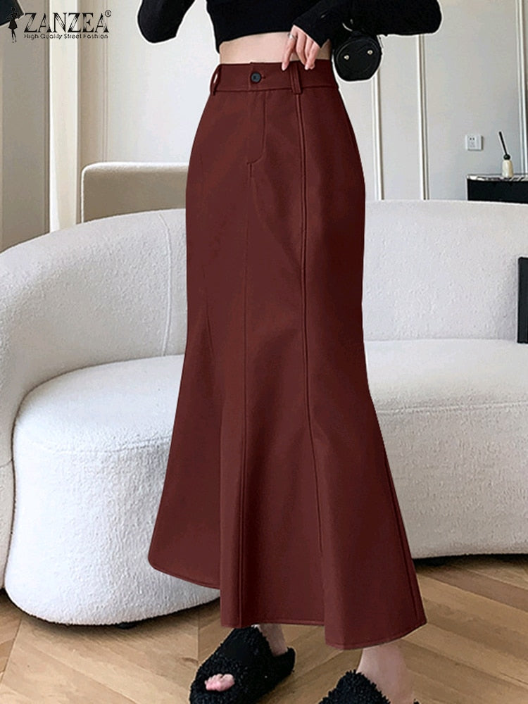 ZANZEA Long Skirt Leather Skirt Fashion High Waist Skirt Women PU Office Lady S image 7