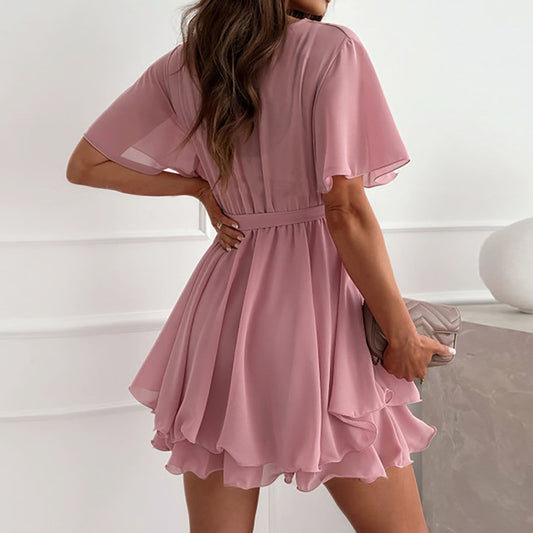 Chiffon White Women Dress for 2024 Summer Short Sleeve Slim Fit Fashion Korean  image 0