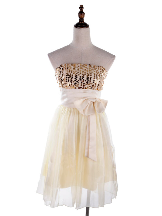 Womens Yellow Gold Sequin High Waisted Bow Strapless Tube Top Dress Dinner image 0