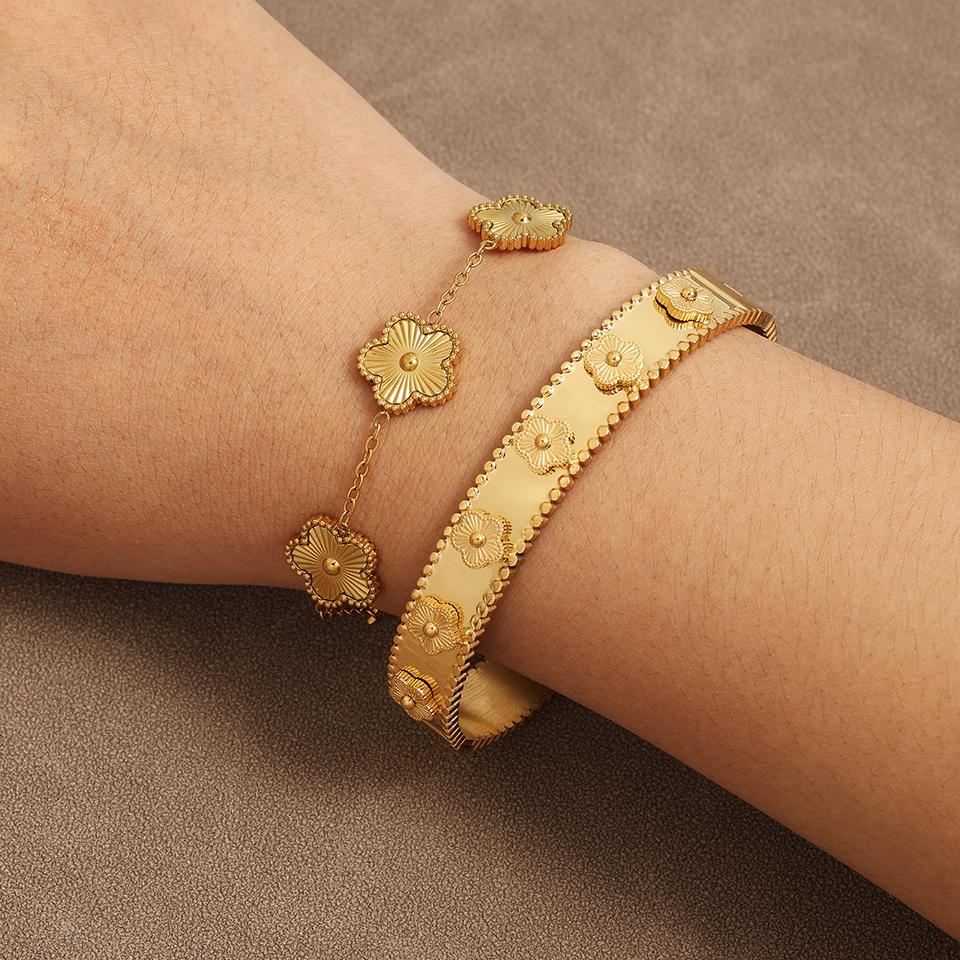 RAKOL Miniamlist 316L 18k Gold Plated Flower Bracelet Plum Blossom Cuban Chain image 10
