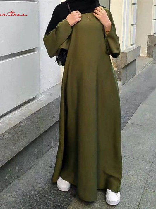 Fashion Satin Sliky Djellaba Muslim Dress Dubai Full Length Flare Sleeve Soft S image 0
