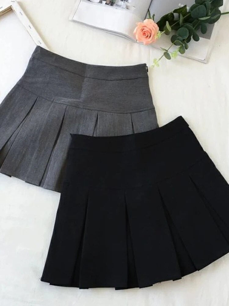 ZOKI Vintage Gray Pleated Skirt Women Kawaii High Waist Mini Skirts Korean Fash image 4