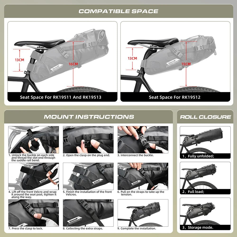Rhinowalk Bike Waterproof Bicycle Saddle Bag Reflective Large Capacity Foldable image 12