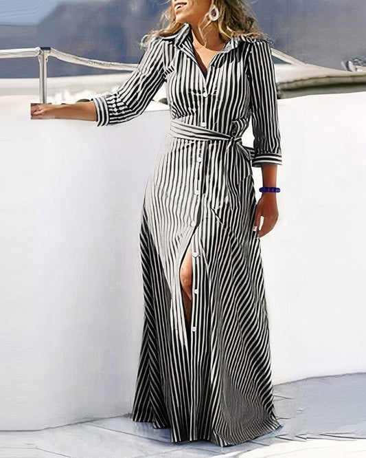 Women Casual Shirt Dress V-Neck Irregular Print Slit Midi Dress Summer Fashion  image 0
