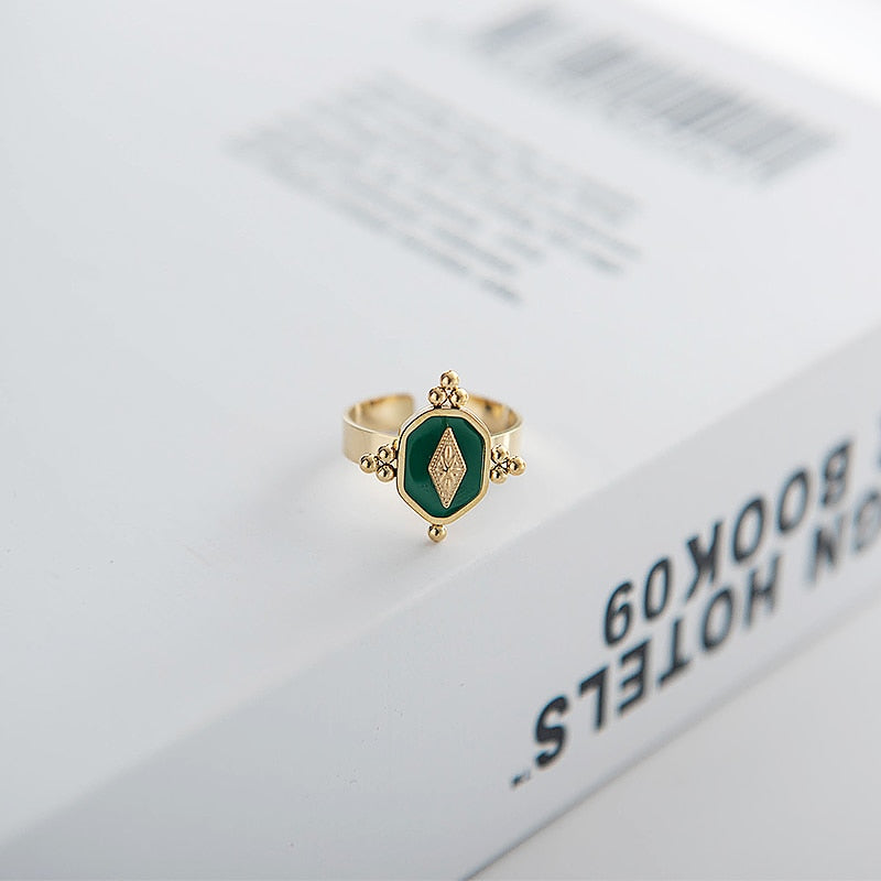 Stainless Steel Gold Plated Geometric Open Rings For Women Vintage Green Enamel image 7