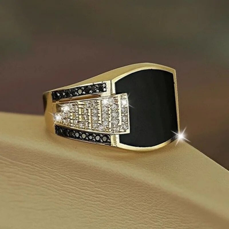 Classic Men's Ring Fashion Metal Gold Color Inlaid Black Stone Zircon Punk Ring image 7