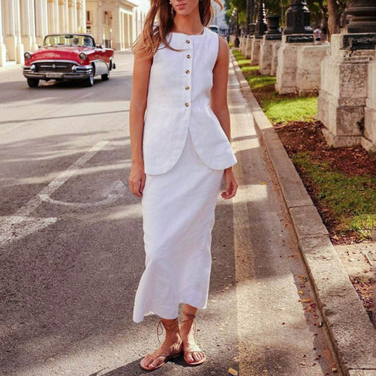 Women Vest Skirt Set Female Khaki Long Blazer Vest V Neck Sleeveless Slim Top+E image 0
