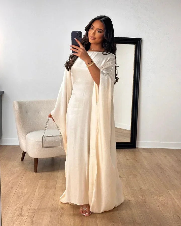 Fashion Glossy Gauze Muslim Kimono Abaya O-neck Maxi Robe Women 2024 Spring Sum image 0