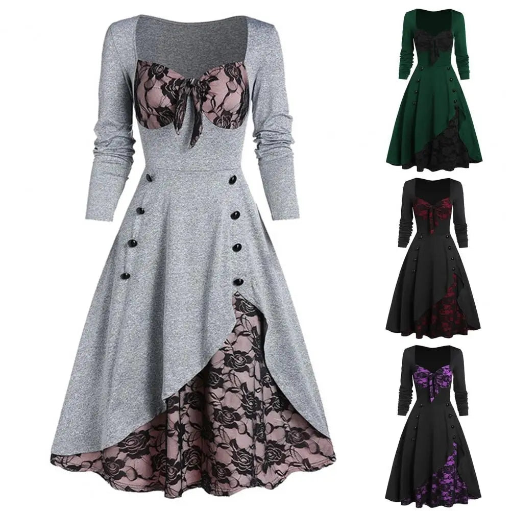 Women Lace Dresses Stitching Plus Size Long Sleeve Classical Retro Style Winter image 7