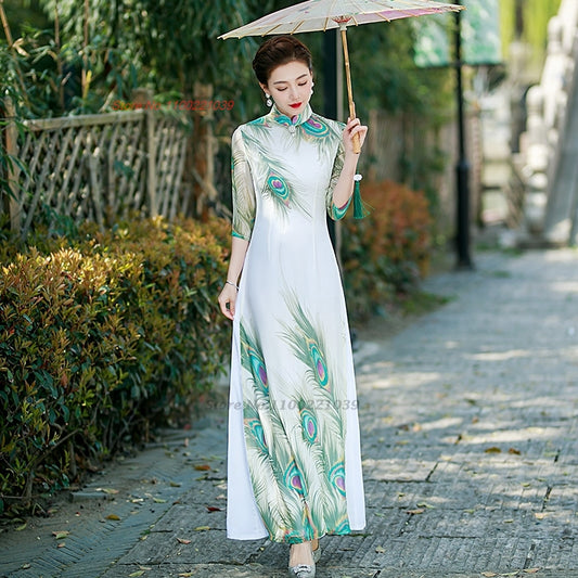 2024 vietnam aodai dress traditional chinese vintage qipao dress national peaco image 0