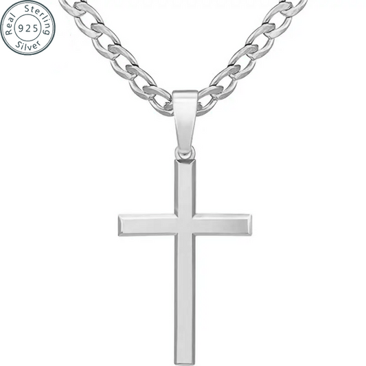 925 Sterling Silver Cross Necklace for Men Women 5mm 18K White Gold Plated Beve image 0