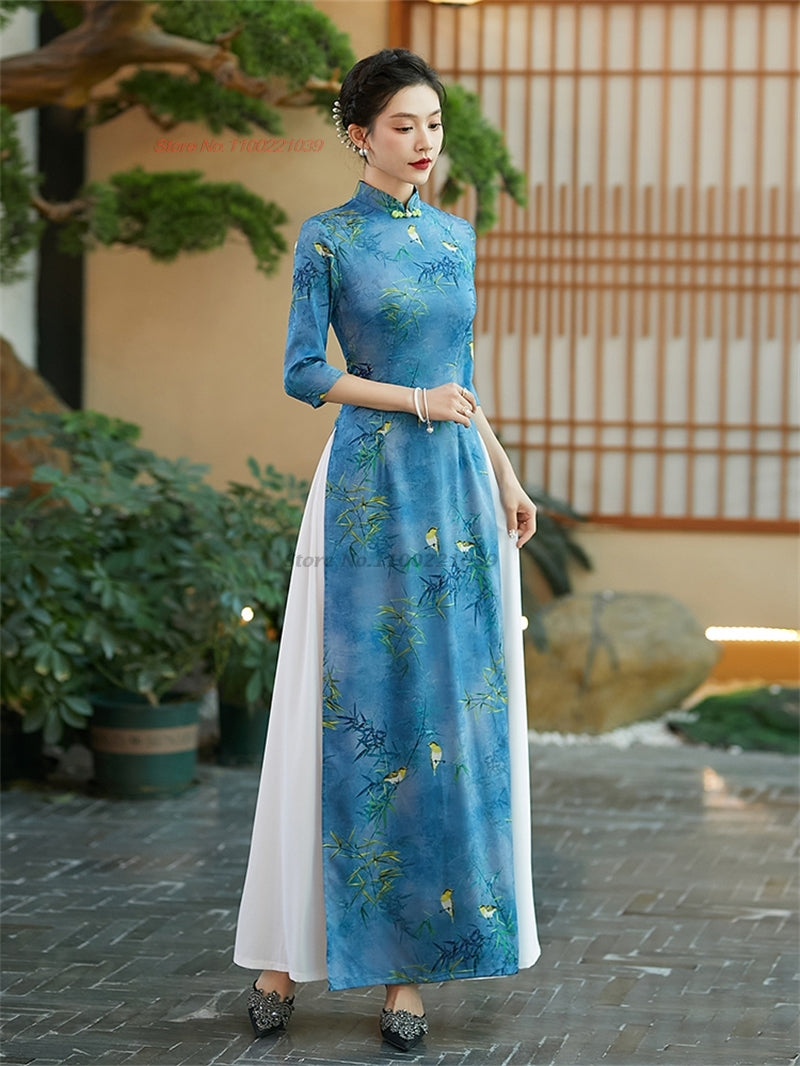 2024 vietnam traditional dress improved qipao national flower print vietnam ao  image 1