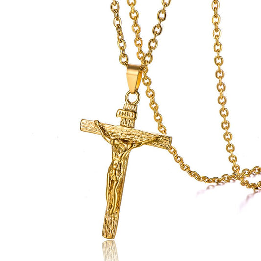 Christian Jesus Crucifix Men Necklace Gold Plated Cross Religious Pendant Neckl image 0