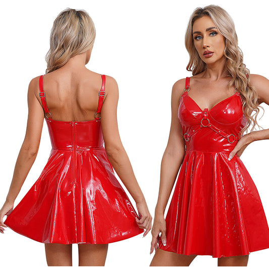 Womens Sexy Wet Look Patent Leather Slip Dress O-Ring Rivets Strappy V Neck Got image 0