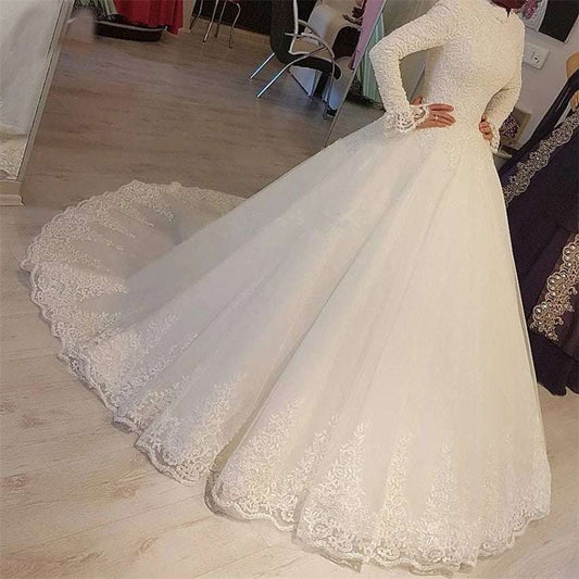 2024 White Arabic Muslim Wedding Dresses Princess High Neck Long Sleeves Lace A image 0
