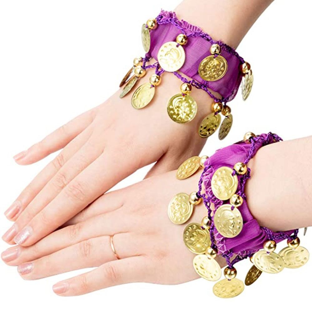 1 Pair Belly Dance Wrist Ankle Cuffs Bracelets Chiffon Gold Coin Belly Dance Co image 7