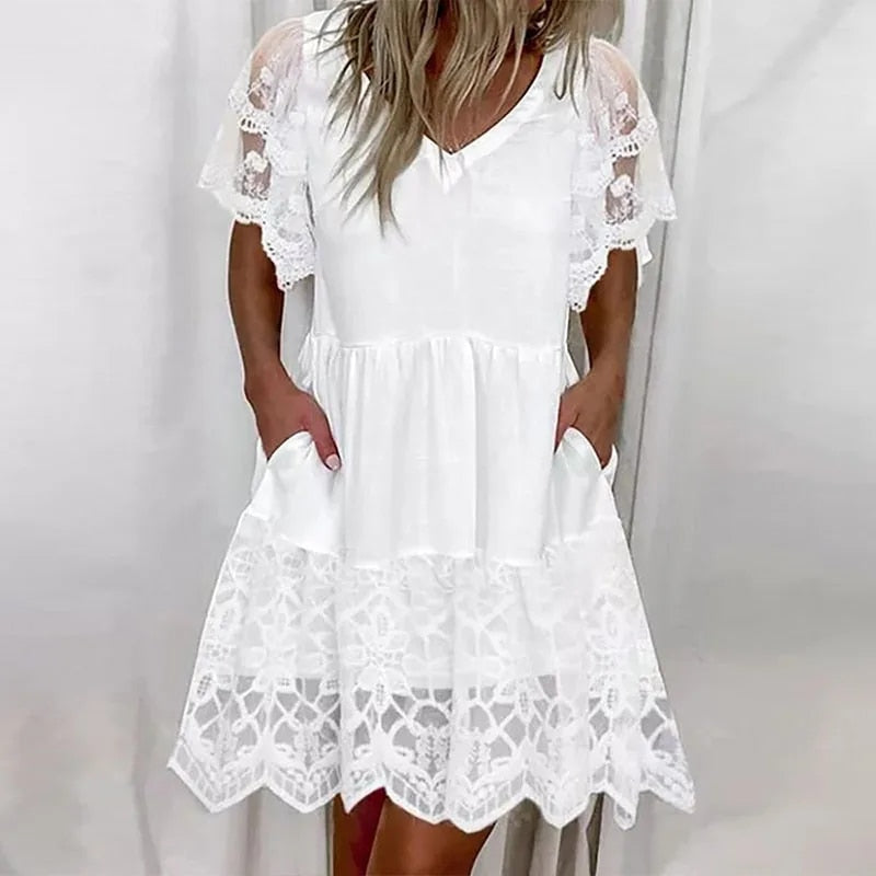 Women V-Neck Short Sleeve Ruffles Mini Dresses Elegant White Color Embroidery L image 3