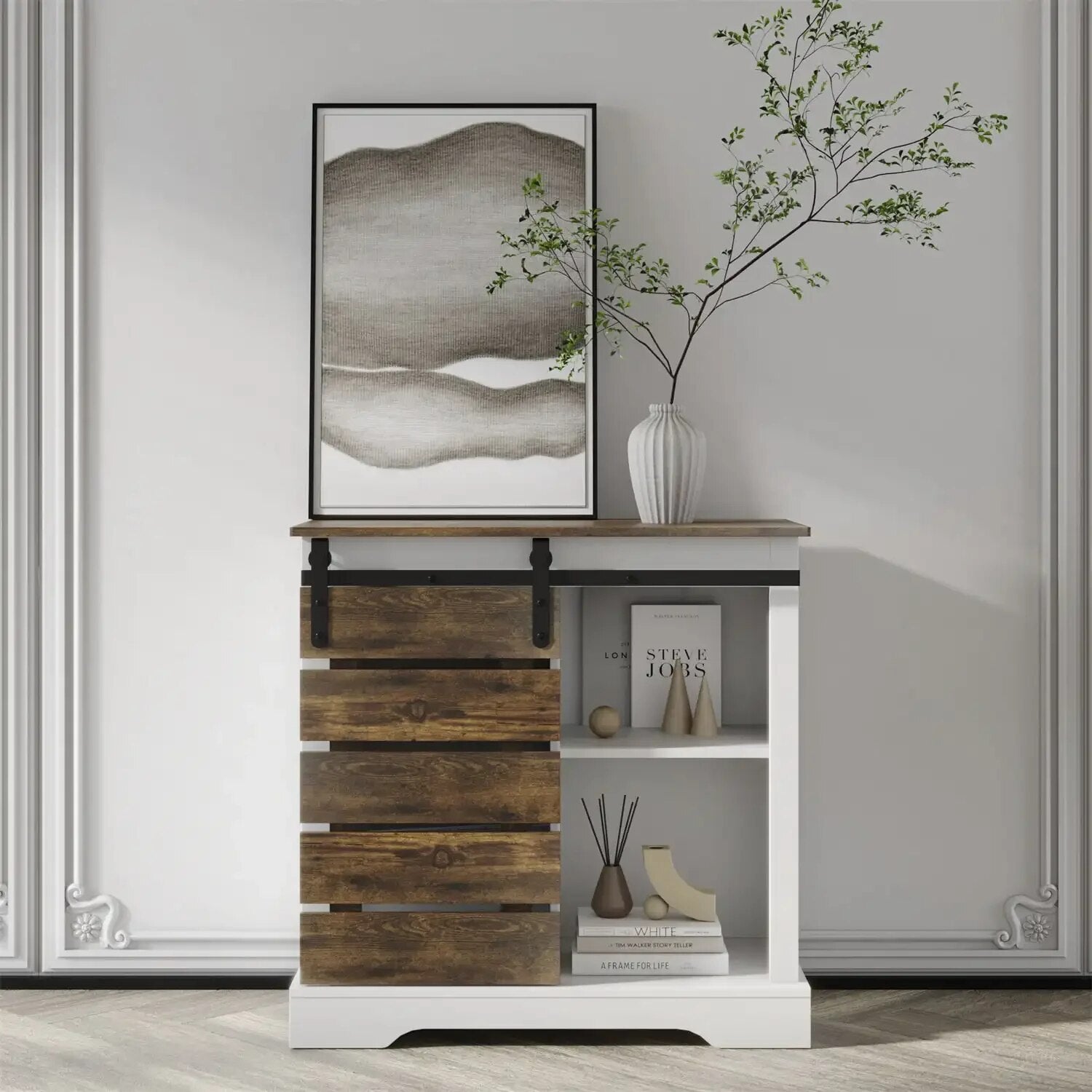 BOUSSAC Coffee Bar Table with Sliding Barn Door, Kitchen Cabinet with Interior image 0