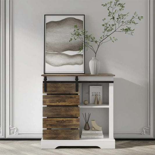 BOUSSAC Coffee Bar Table with Sliding Barn Door, Kitchen Cabinet with Interior image 0