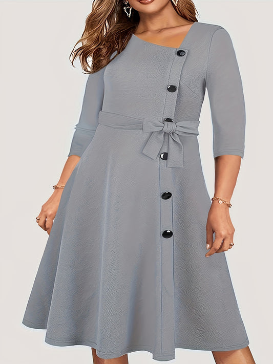 Plus Size Women's Fashion Asymmetrical Collar Casual Bow Button Elegant Solid C image 0