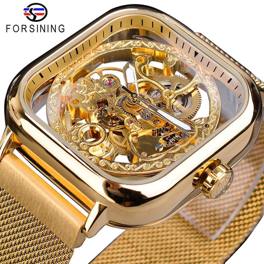 Forsining Golden Men Automatic Watch Square Skeleton Mesh Steel Band Mechanical image 0