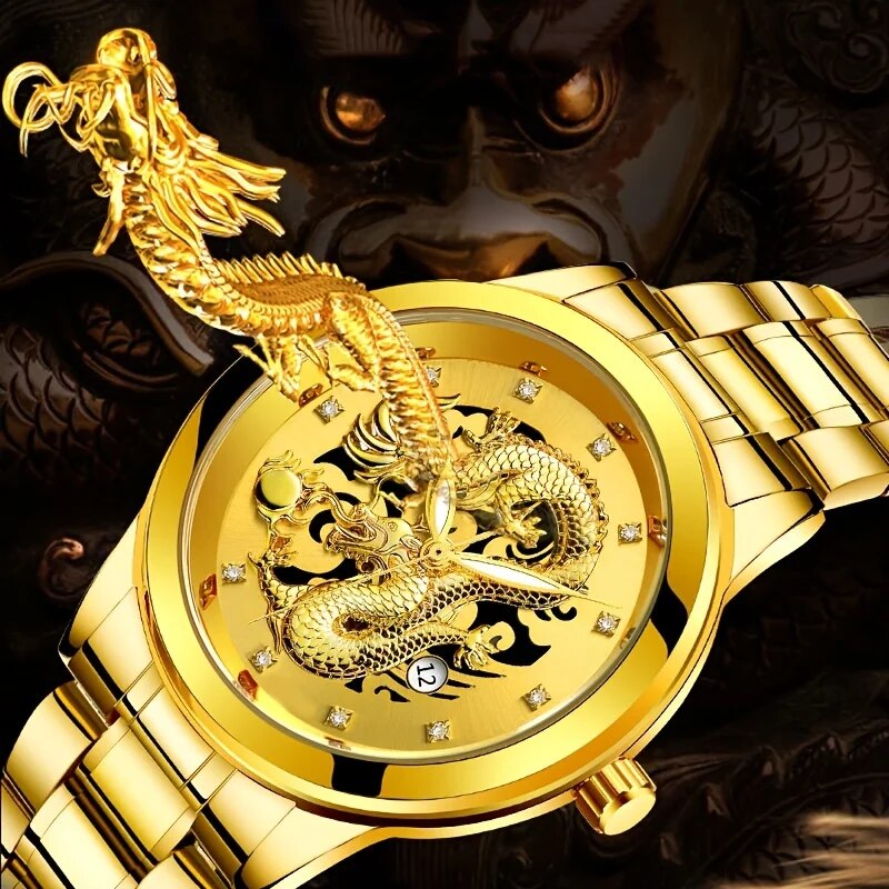 Fashion Men's Watch Chinese Dragon Golden Watch Stainless Steel Calendar Quartz image 1
