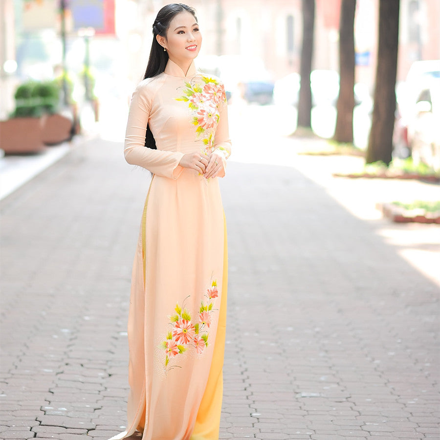Beige hand painted flowers tailored aodai vietnam dress cheongsam vietnamese tr image 4
