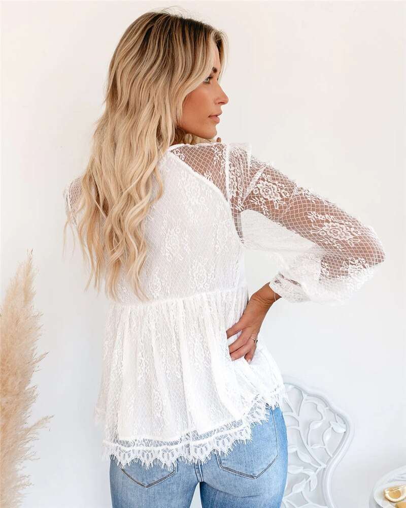 Imcute Women Shirts Autumn Mesh Sheer See Through Sleeve Patchwork Blouses image 5